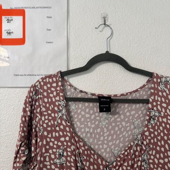 Disney Bambi Shirred Bodice Skater Dress 2X Stretch Challis‎ Muave Feminine Chic - Picture 9 of 9